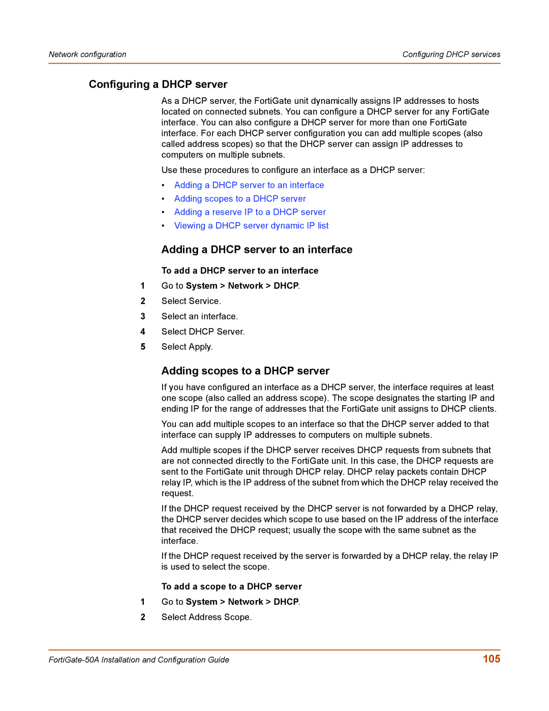 Fortinet 50A Configuring a Dhcp server, Adding a Dhcp server to an interface, Adding scopes to a Dhcp server, 105 