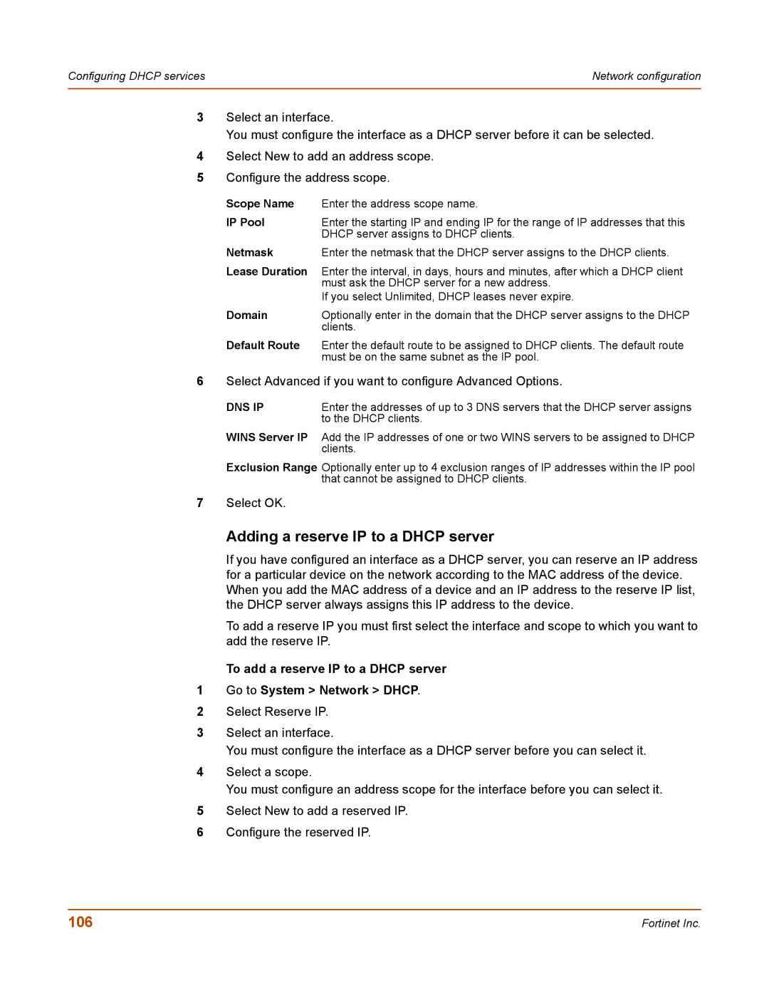 Fortinet 50A user manual Adding a reserve IP to a Dhcp server, 106, Scope Name, IP Pool, Domain 