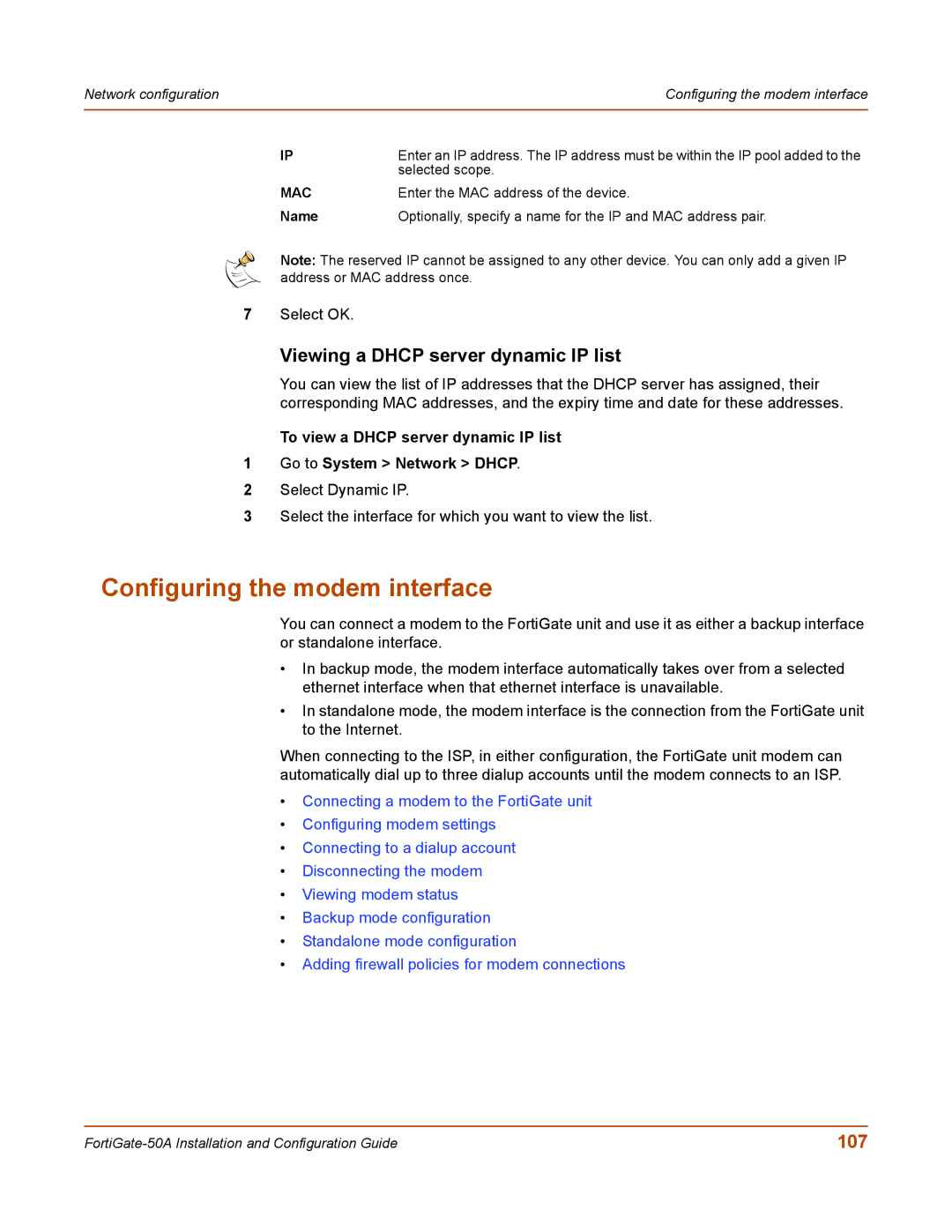 Fortinet 50A user manual Configuring the modem interface, Viewing a Dhcp server dynamic IP list, 107 