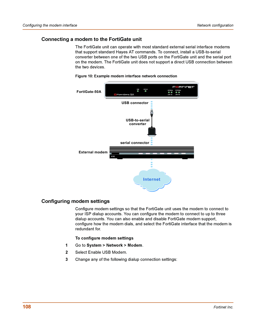 Fortinet 50A user manual Connecting a modem to the FortiGate unit, Configuring modem settings, 108 