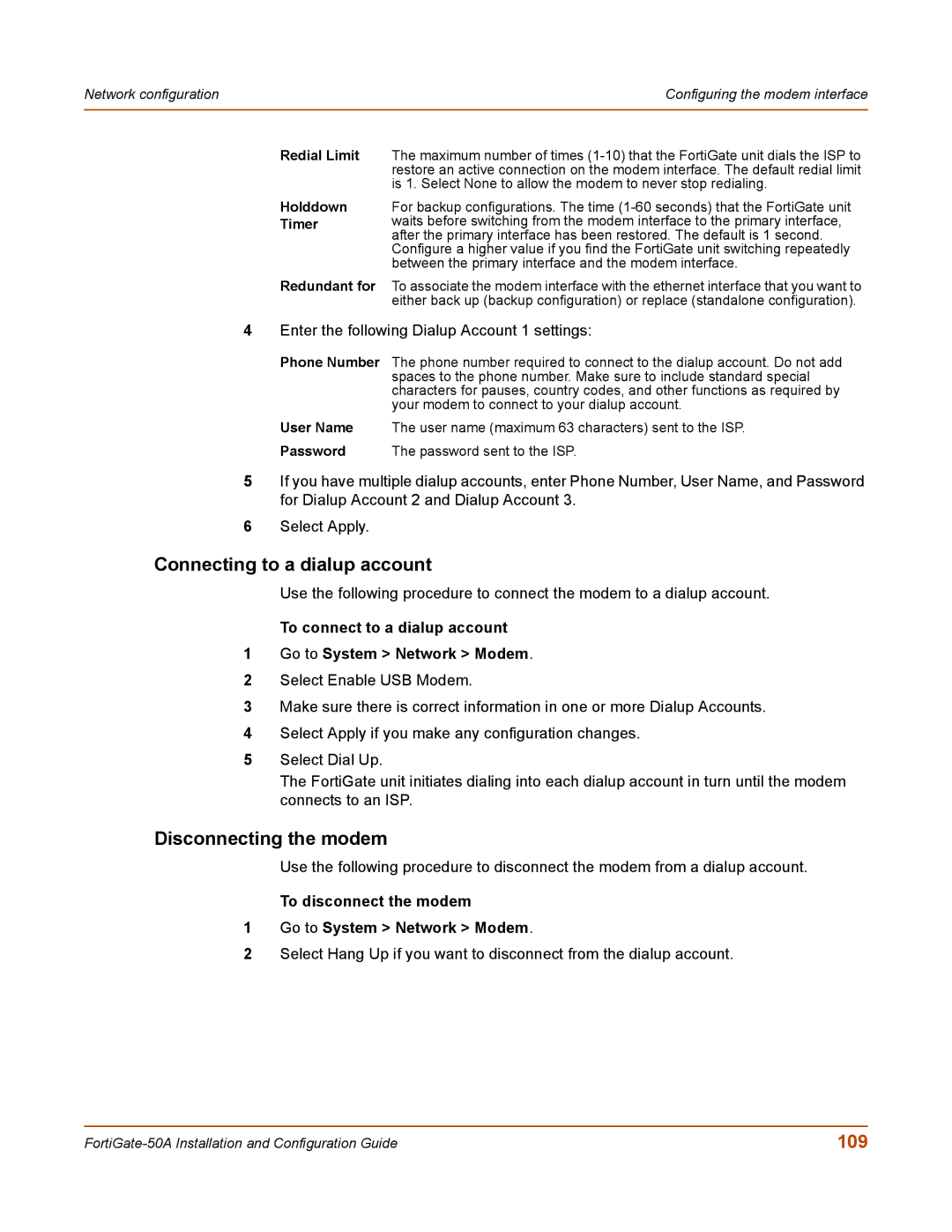 Fortinet 50A user manual Connecting to a dialup account, Disconnecting the modem, 109 