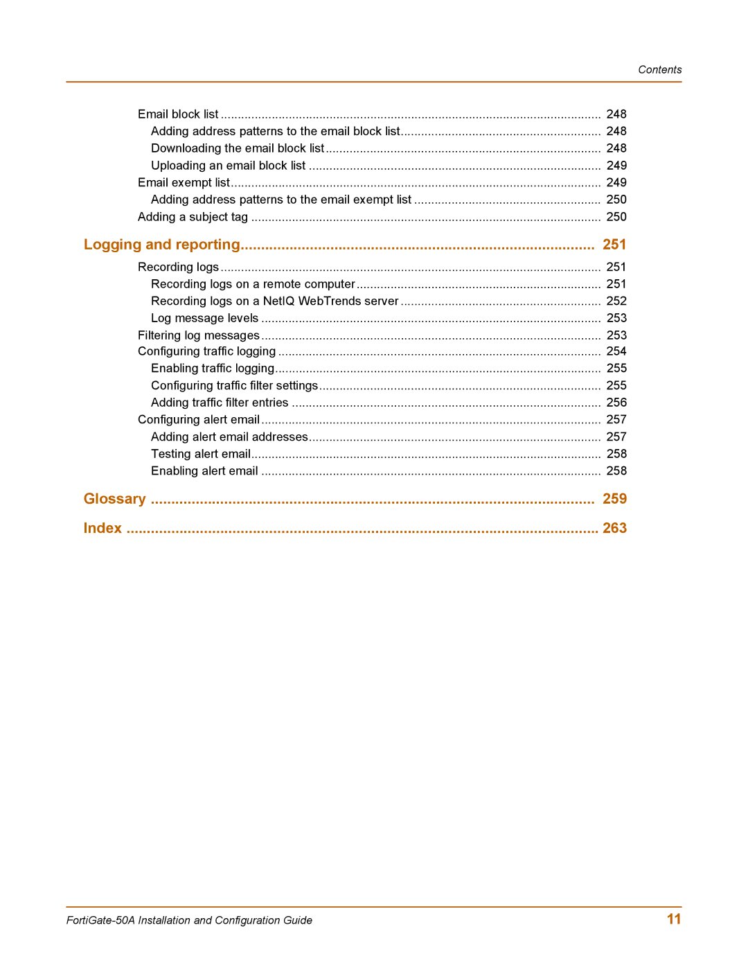 Fortinet 50A user manual Glossary 259 Index 263 