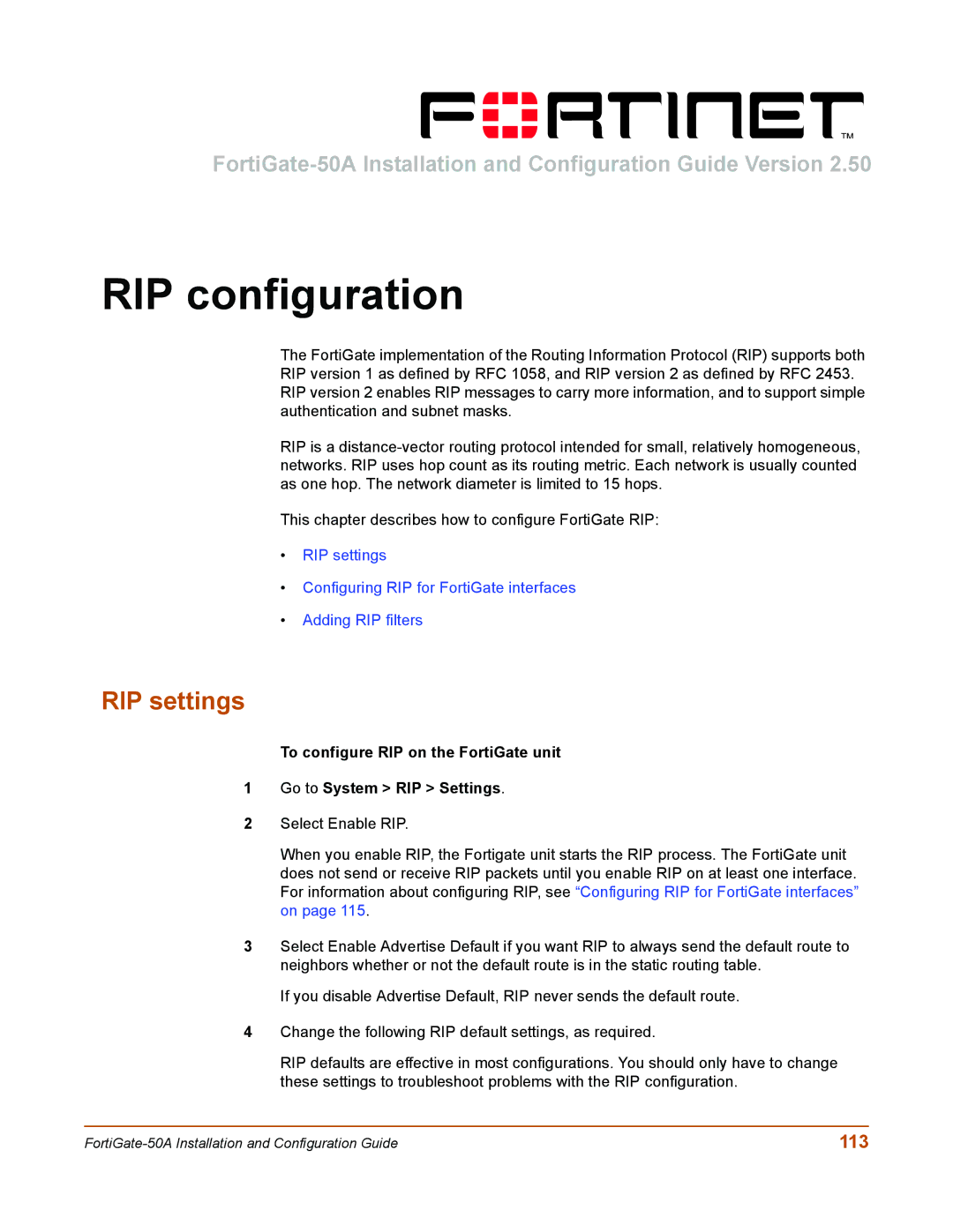 Fortinet 50A user manual RIP configuration, RIP settings, 113 