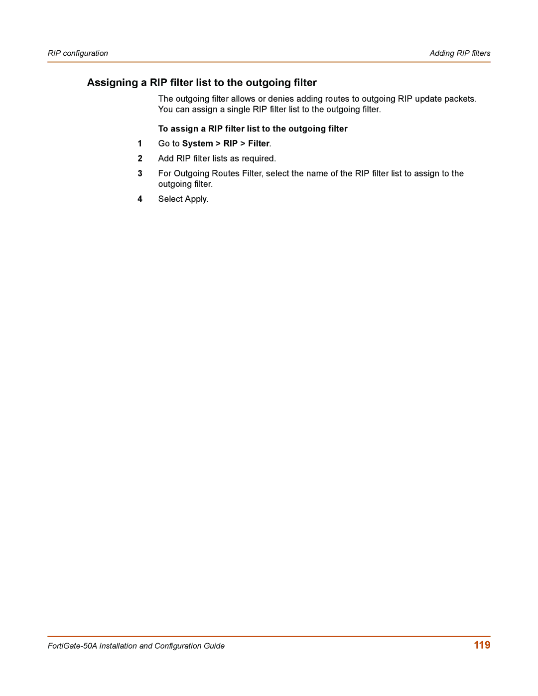 Fortinet 50A user manual Assigning a RIP filter list to the outgoing filter, 119 