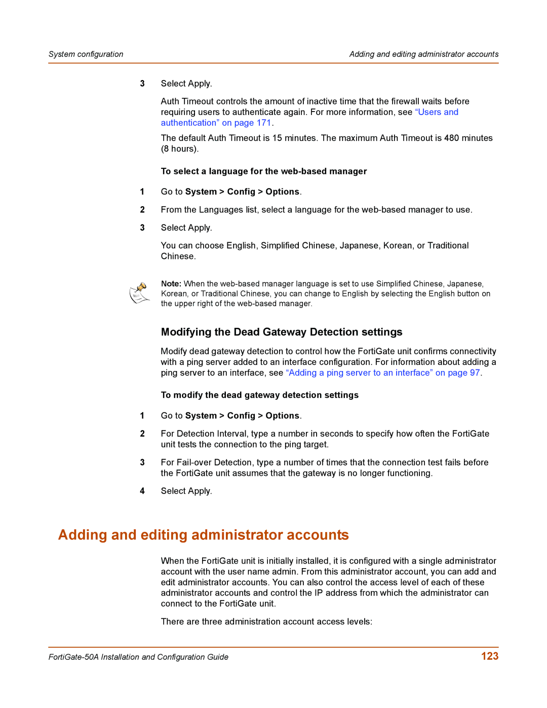 Fortinet 50A user manual Adding and editing administrator accounts, Modifying the Dead Gateway Detection settings, 123 