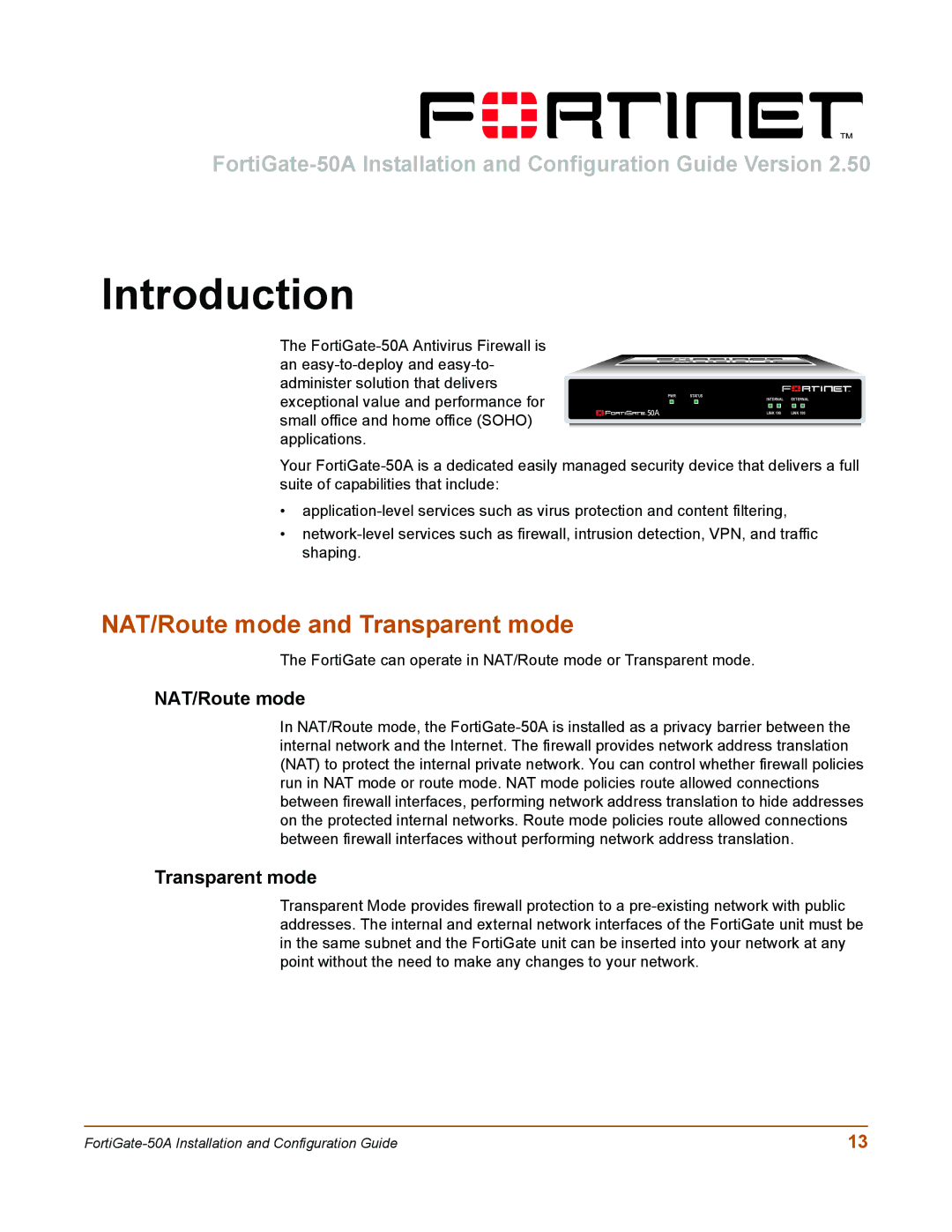 Fortinet 50A user manual Introduction, NAT/Route mode and Transparent mode 