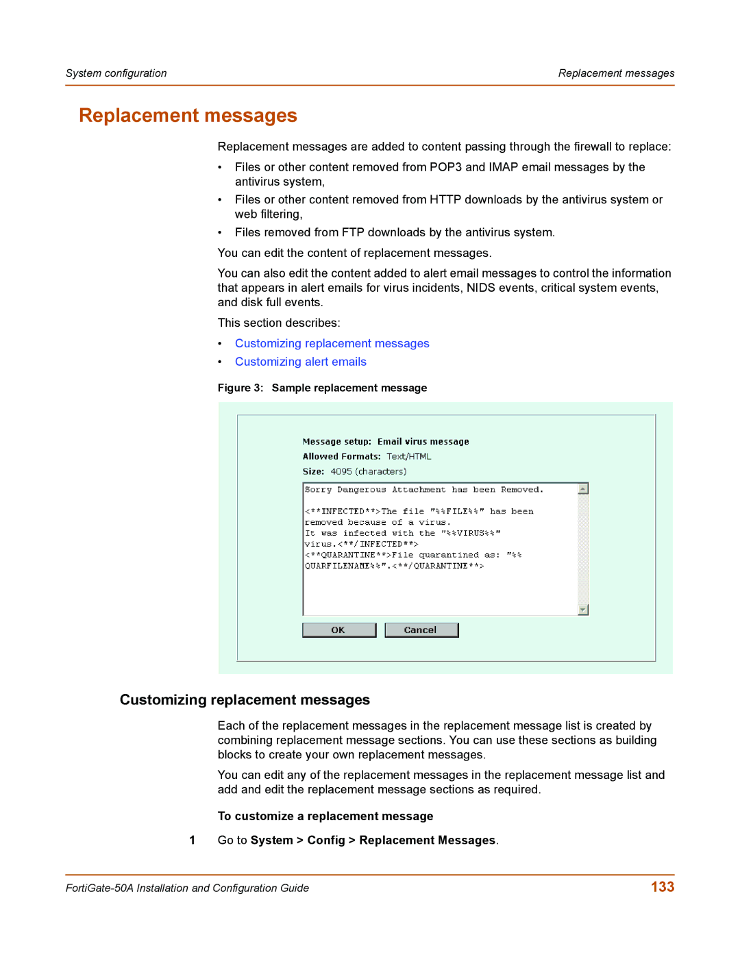 Fortinet 50A user manual Replacement messages, Customizing replacement messages, 133 