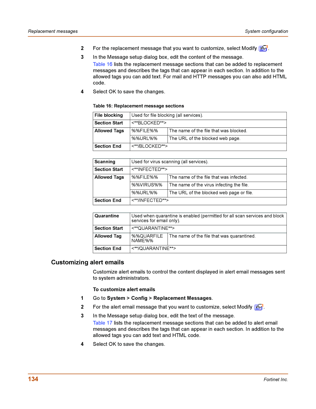 Fortinet 50A user manual Customizing alert emails, 134 