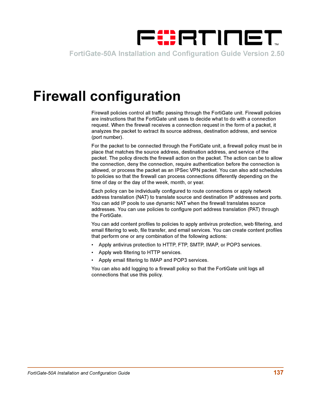 Fortinet 50A user manual Firewall configuration, 137 