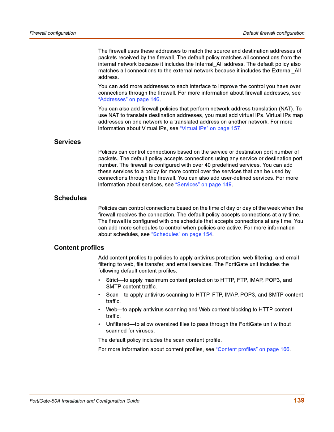 Fortinet 50A user manual Services, Schedules, Content profiles, 139 