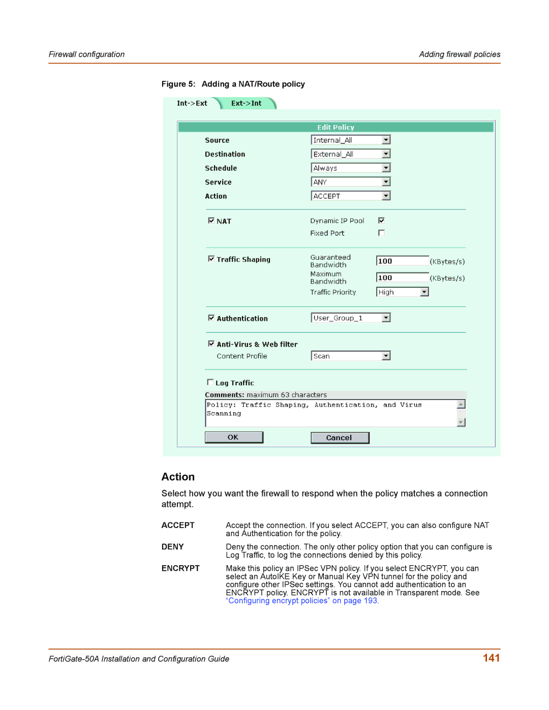 Fortinet 50A user manual Action, 141 