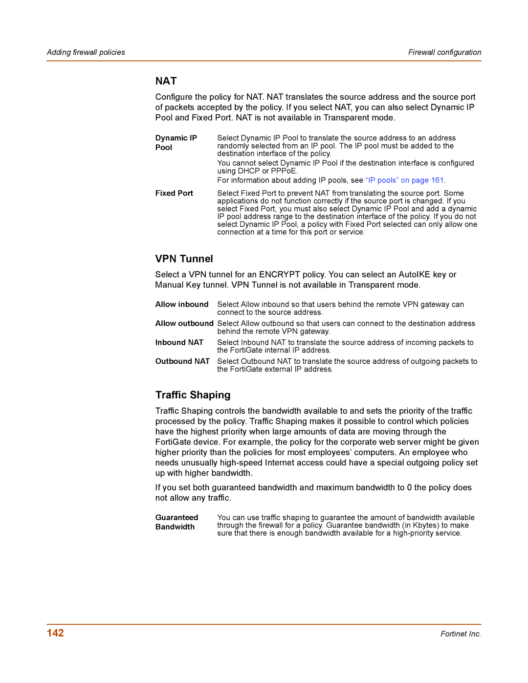 Fortinet 50A user manual VPN Tunnel, Traffic Shaping, 142, Dynamic IP Pool Fixed Port 