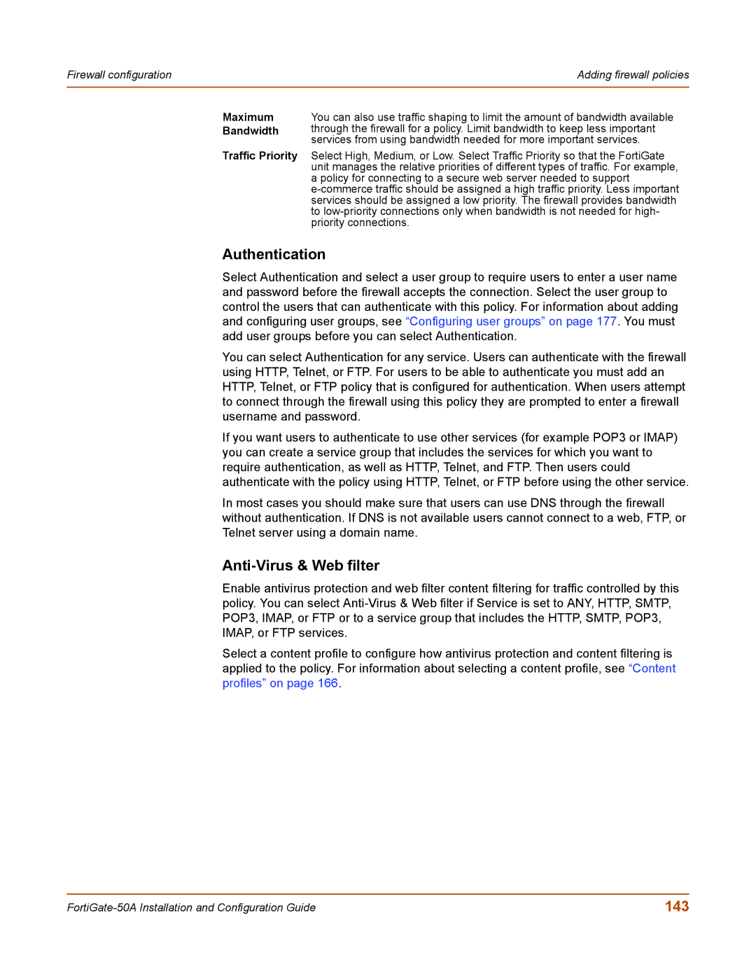 Fortinet 50A user manual Authentication, Anti-Virus & Web filter, 143, Maximum Bandwidth Traffic Priority 