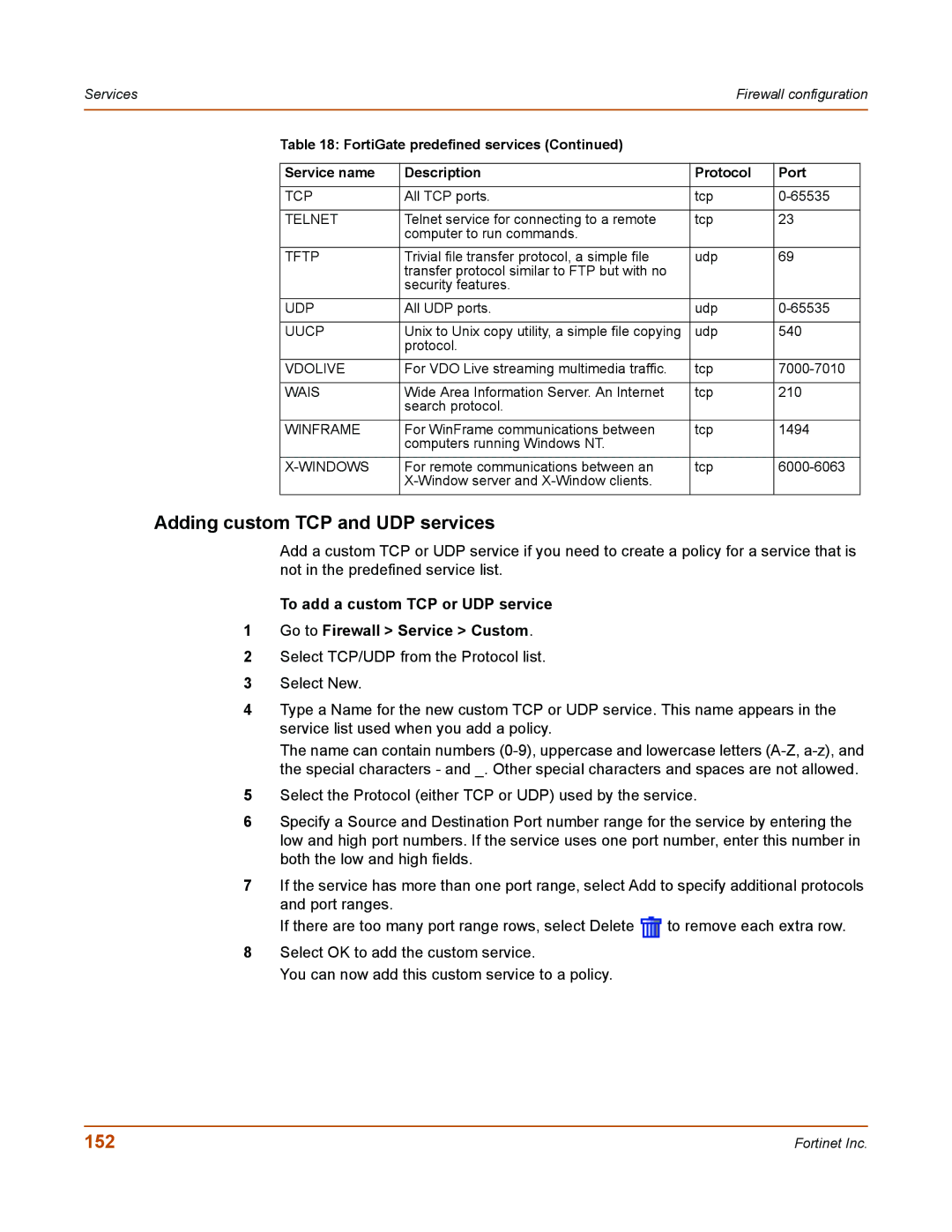 Fortinet 50A user manual Adding custom TCP and UDP services, 152 