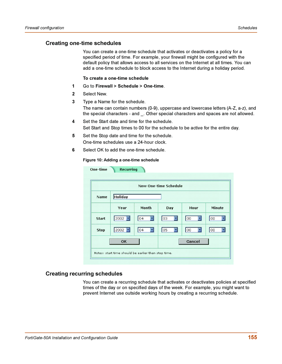 Fortinet 50A user manual Creating one-time schedules, Creating recurring schedules, 155 