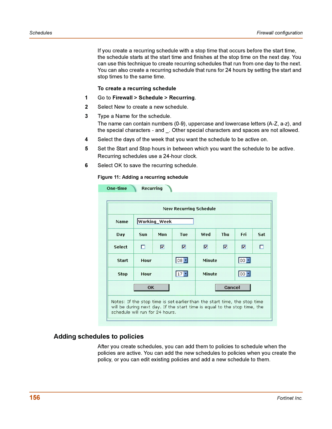 Fortinet 50A user manual Adding schedules to policies, 156 