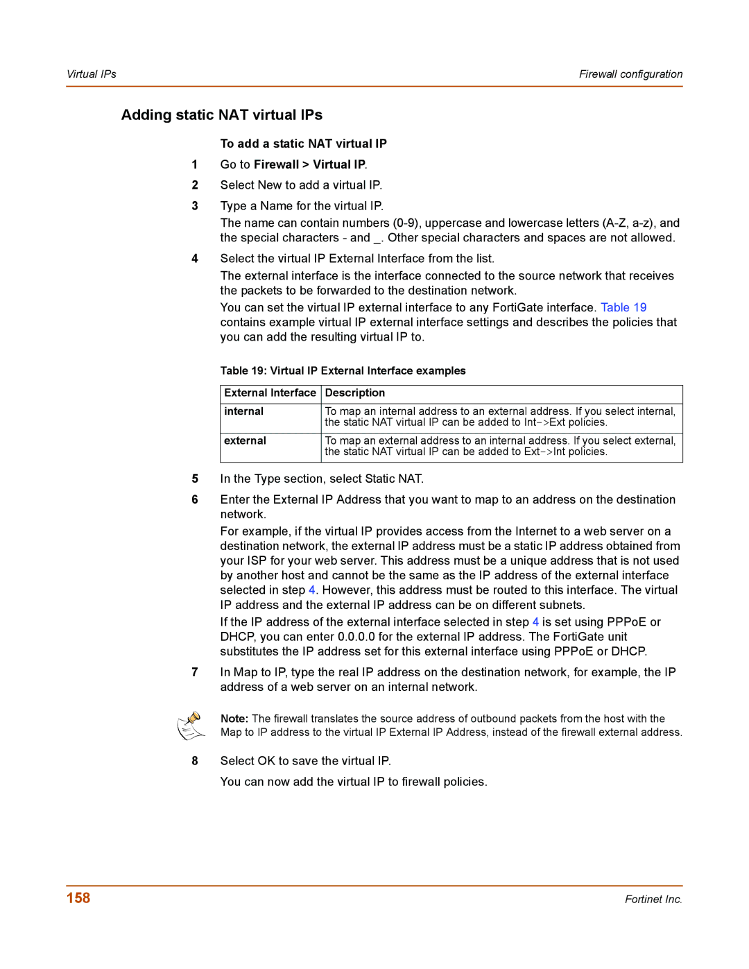 Fortinet 50A user manual Adding static NAT virtual IPs, 158, To add a static NAT virtual IP Go to Firewall Virtual IP 