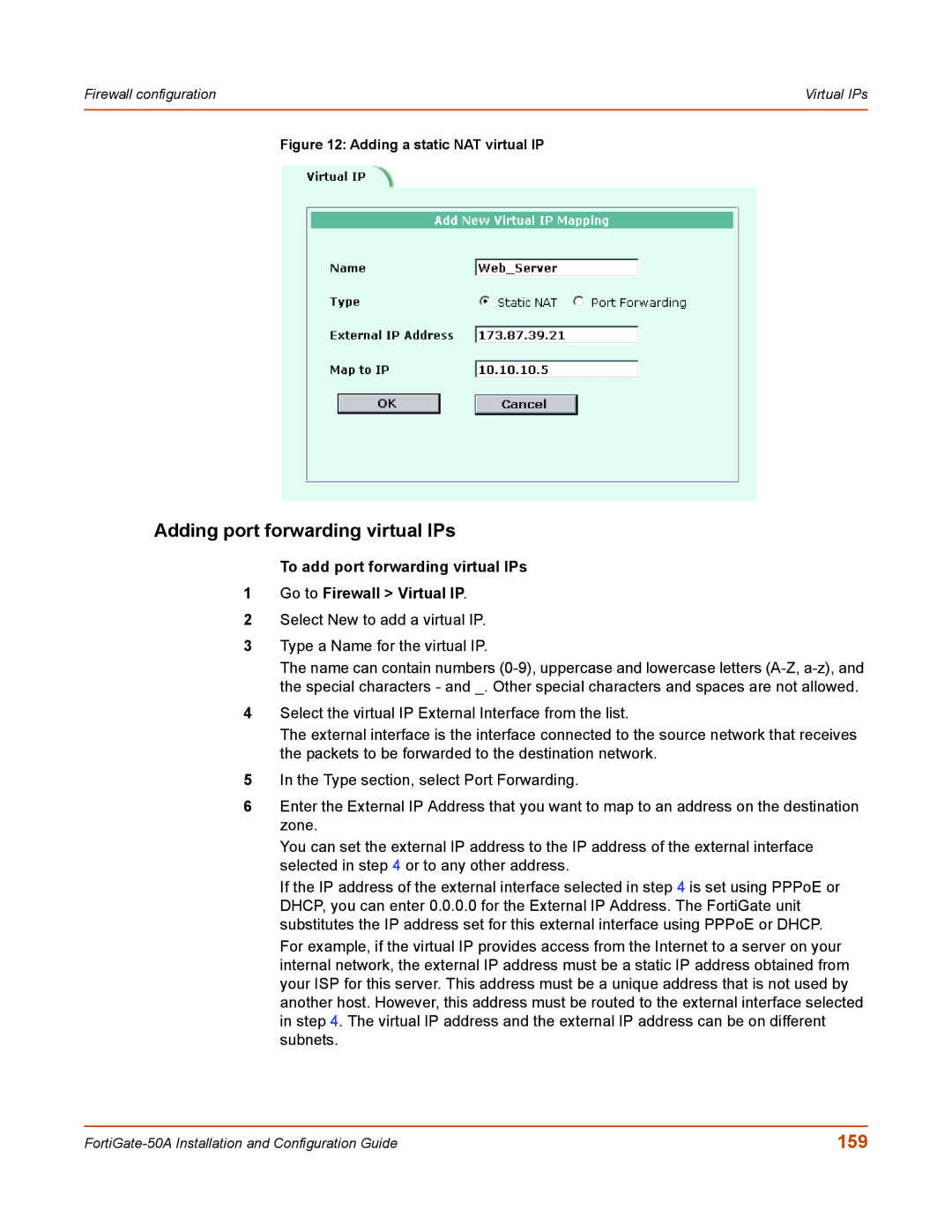 Fortinet 50A user manual Adding port forwarding virtual IPs, 159 