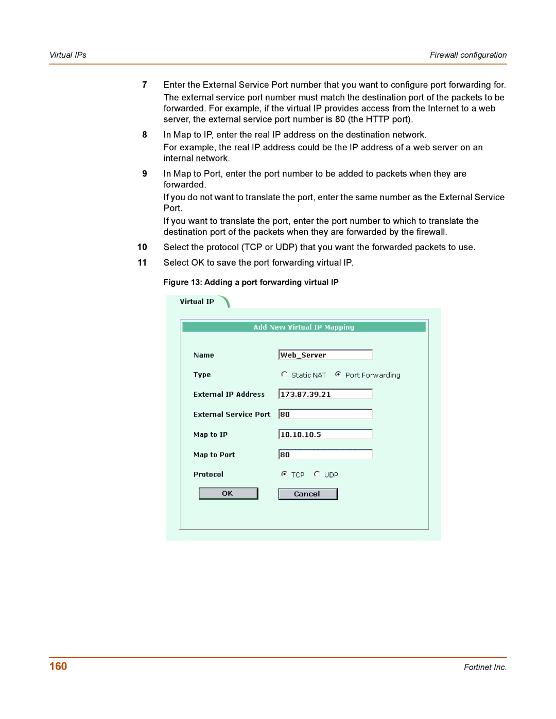 Fortinet 50A user manual 160, Adding a port forwarding virtual IP 