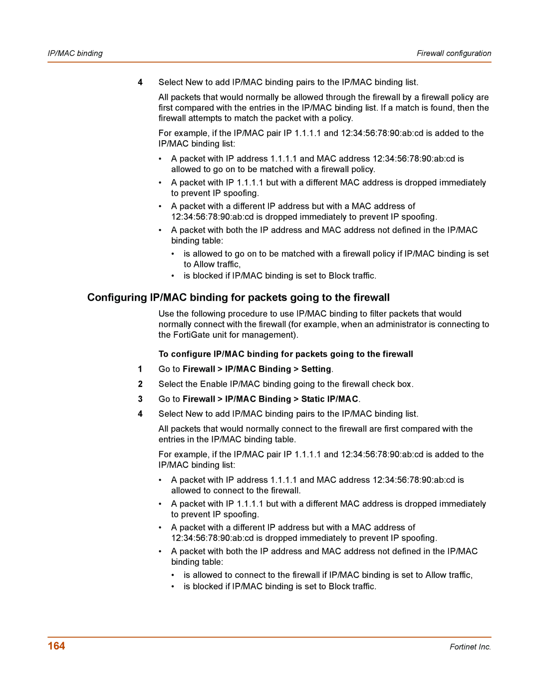 Fortinet 50A user manual Configuring IP/MAC binding for packets going to the firewall, 164 