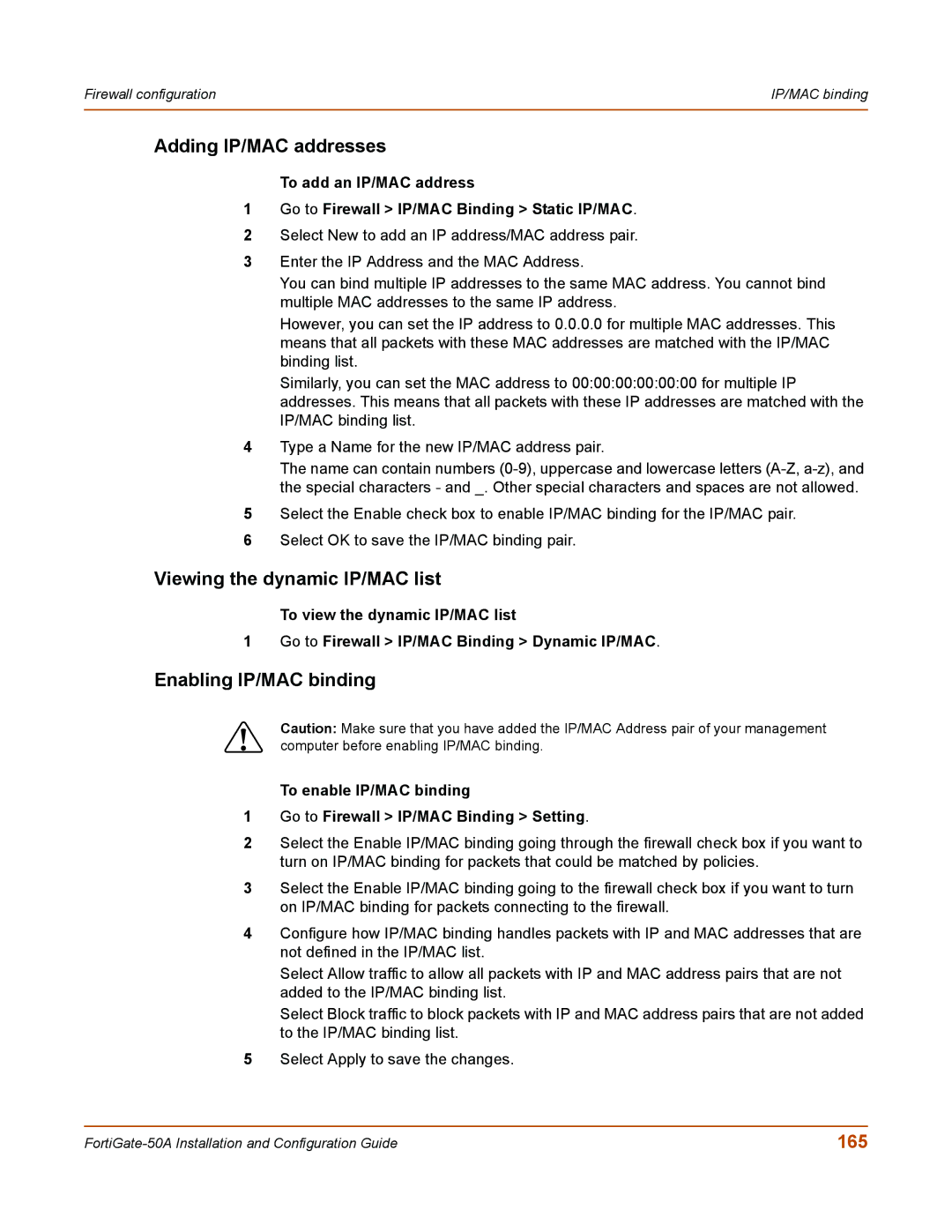 Fortinet 50A user manual Adding IP/MAC addresses, Viewing the dynamic IP/MAC list, Enabling IP/MAC binding, 165 