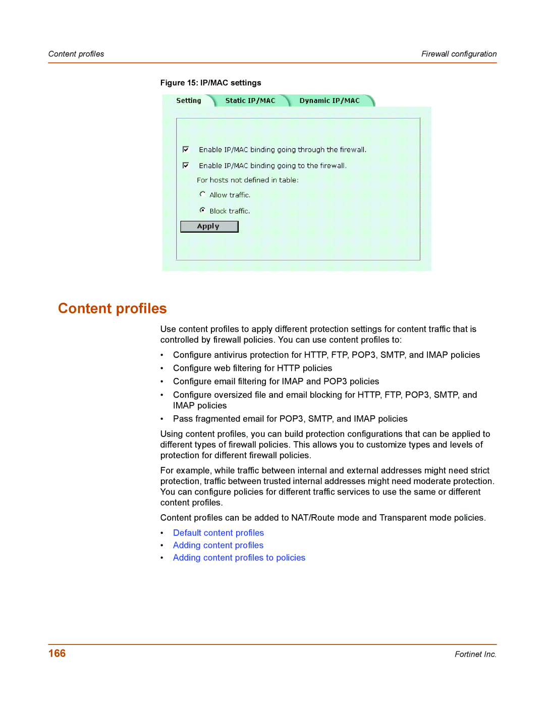 Fortinet 50A user manual Content profiles, 166 