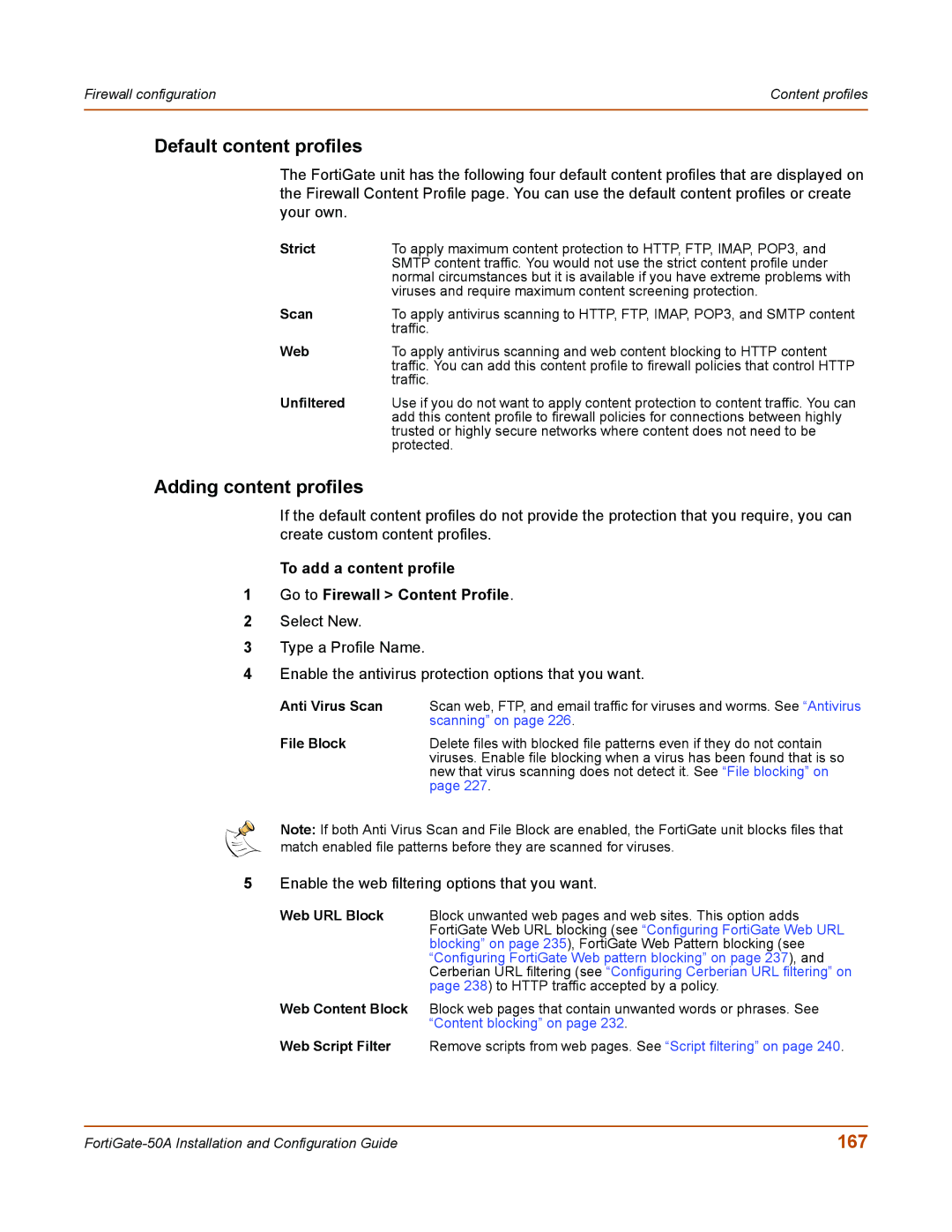 Fortinet 50A user manual Default content profiles, Adding content profiles, 167 