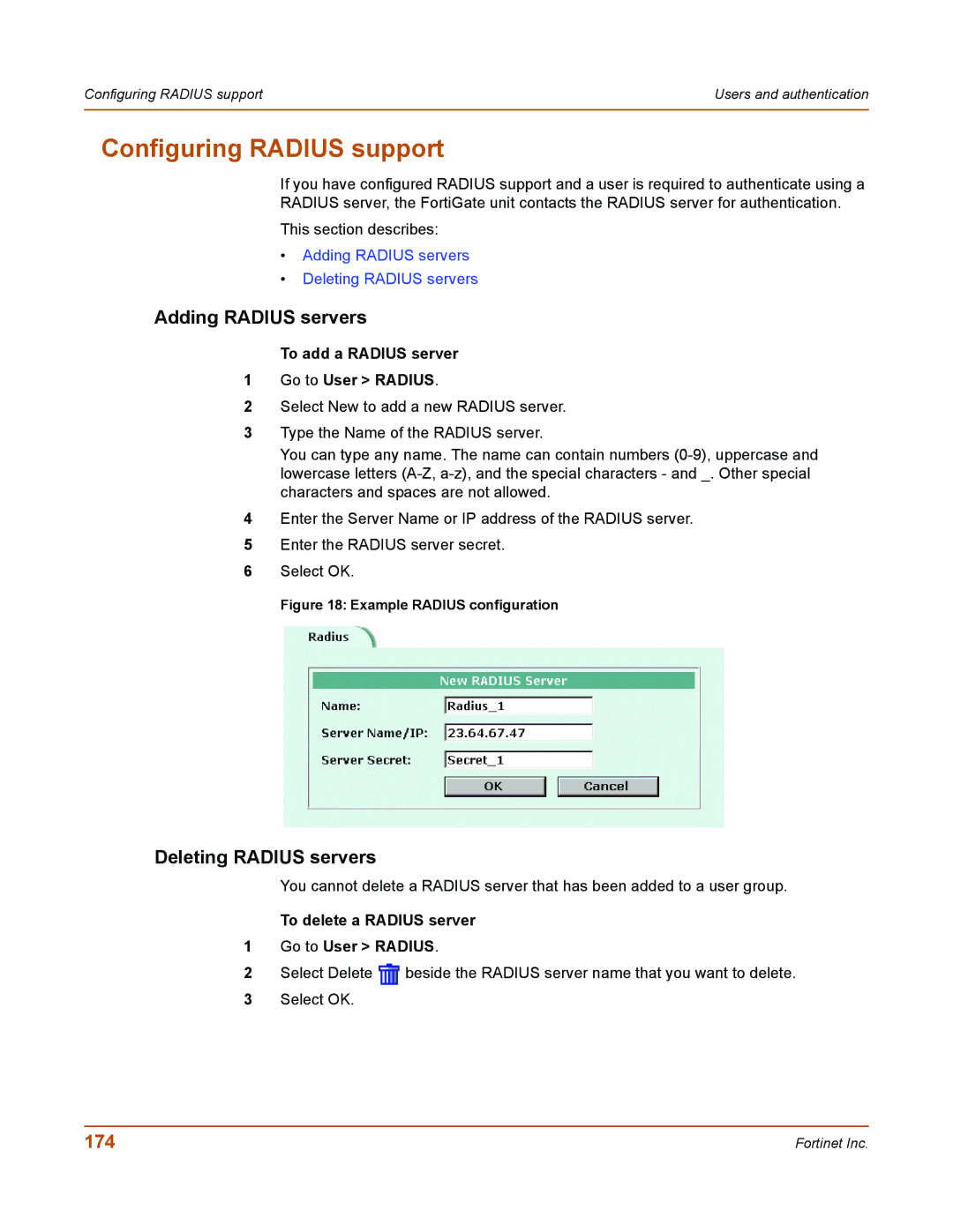 Fortinet 50A user manual Configuring Radius support, Adding Radius servers, Deleting Radius servers, 174 