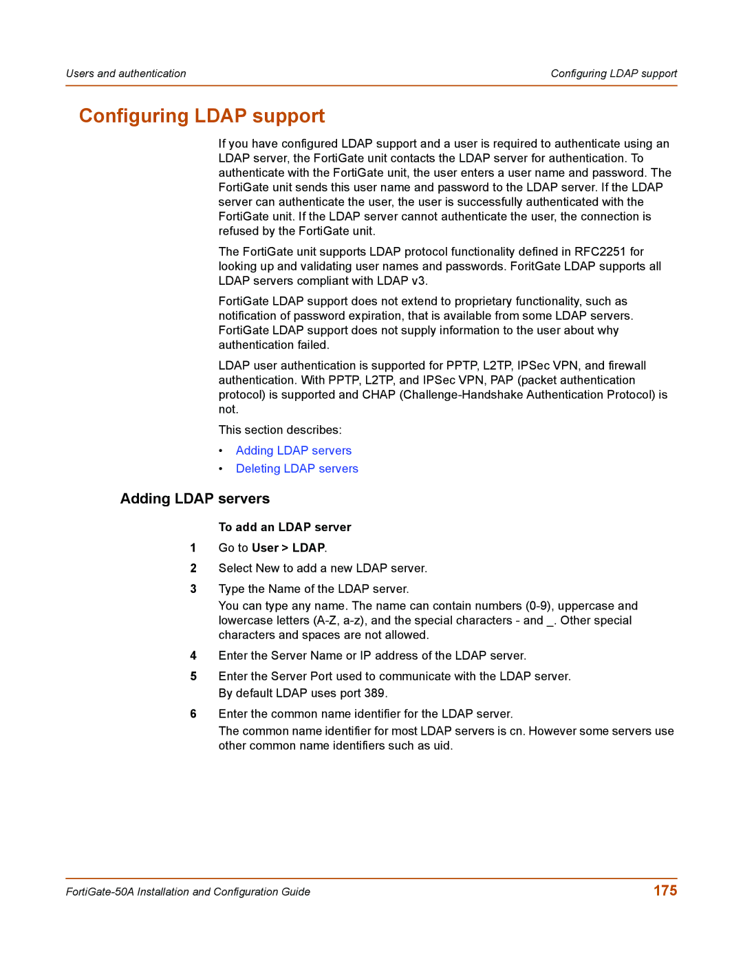 Fortinet 50A user manual Configuring Ldap support, Adding Ldap servers, 175, To add an Ldap server Go to User Ldap 