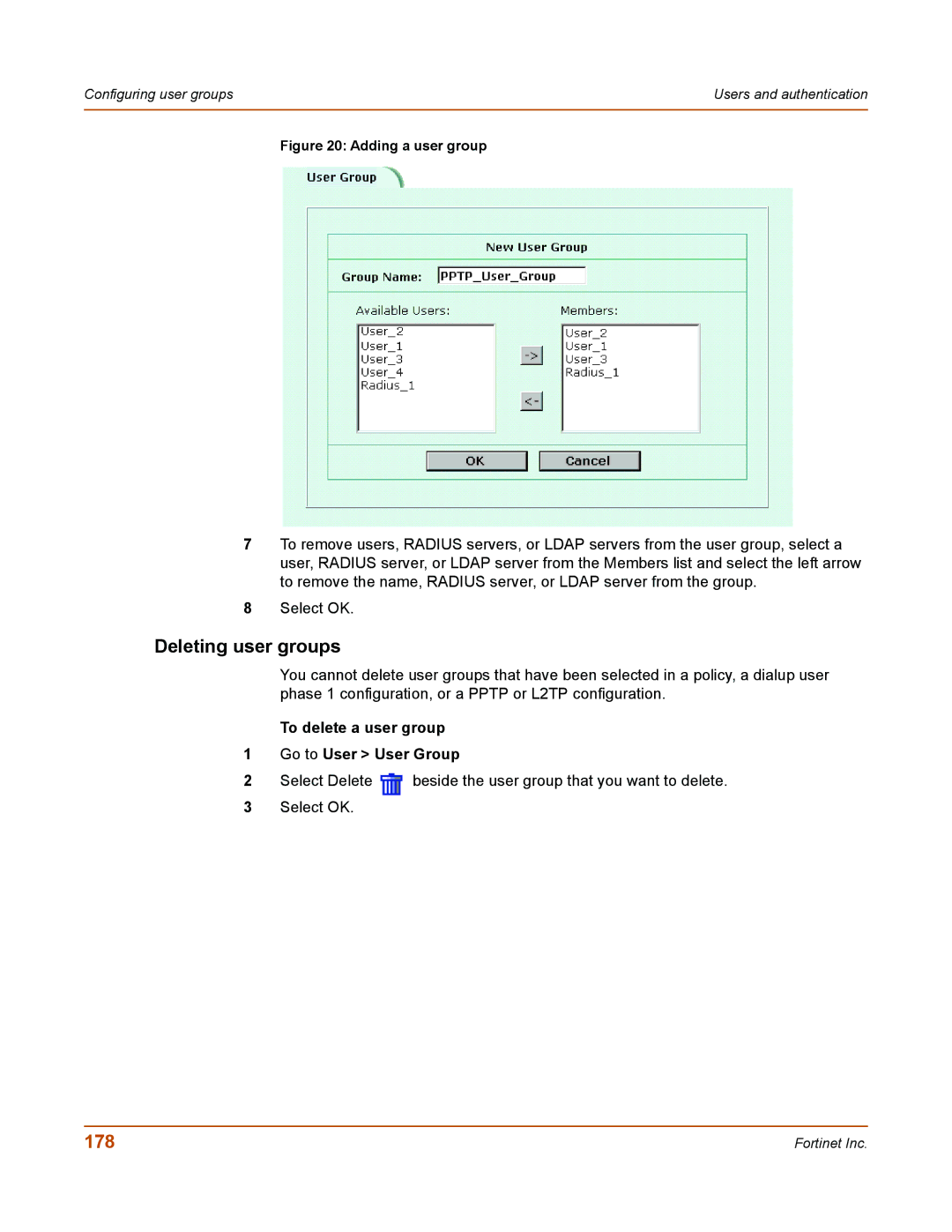 Fortinet 50A user manual Deleting user groups, 178, To delete a user group Go to User User Group 