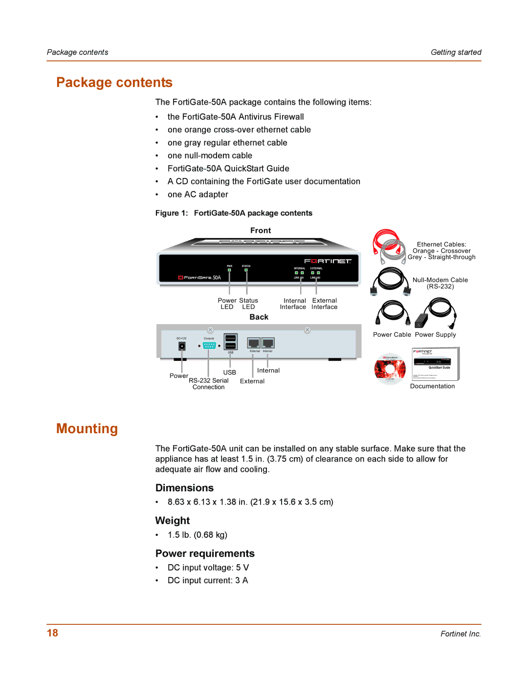 Fortinet 50A user manual Package contents, Mounting 