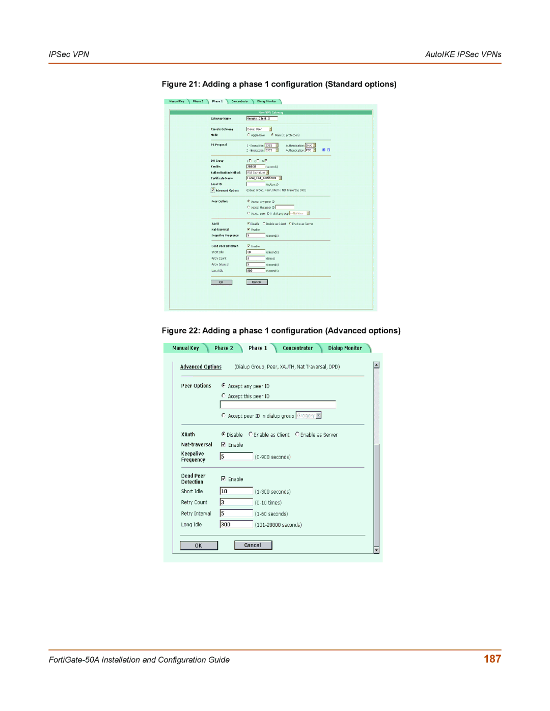 Fortinet 50A user manual 187, Adding a phase 1 configuration Standard options 