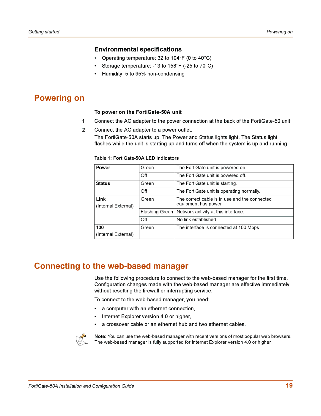 Fortinet 50A user manual Powering on, Connecting to the web-based manager, Environmental specifications 