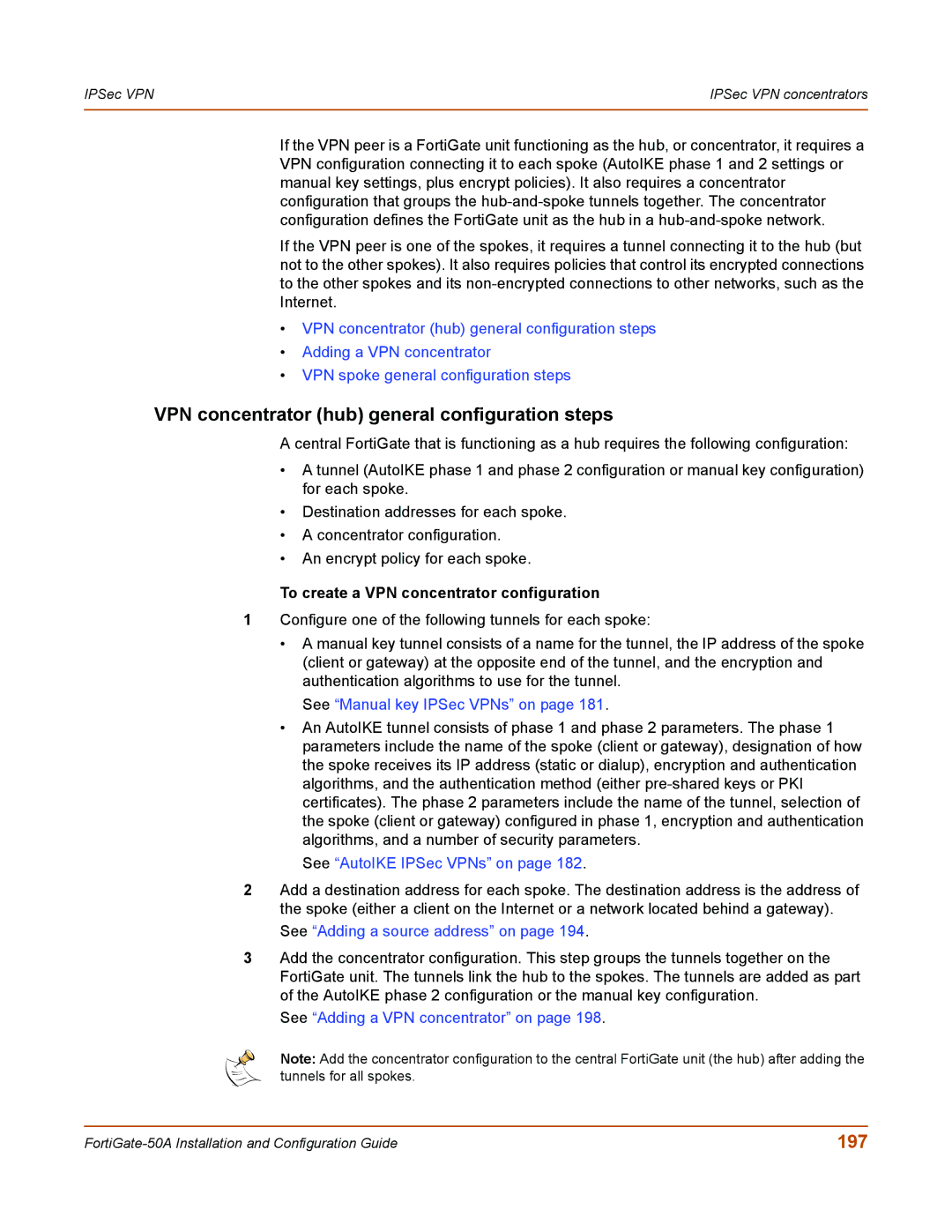 Fortinet 50A user manual VPN concentrator hub general configuration steps, 197, To create a VPN concentrator configuration 