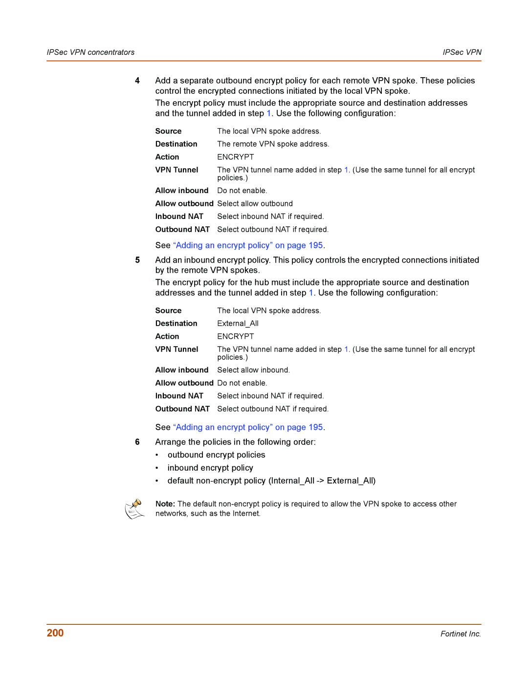 Fortinet 50A user manual 200, VPN Tunnel, Policies 