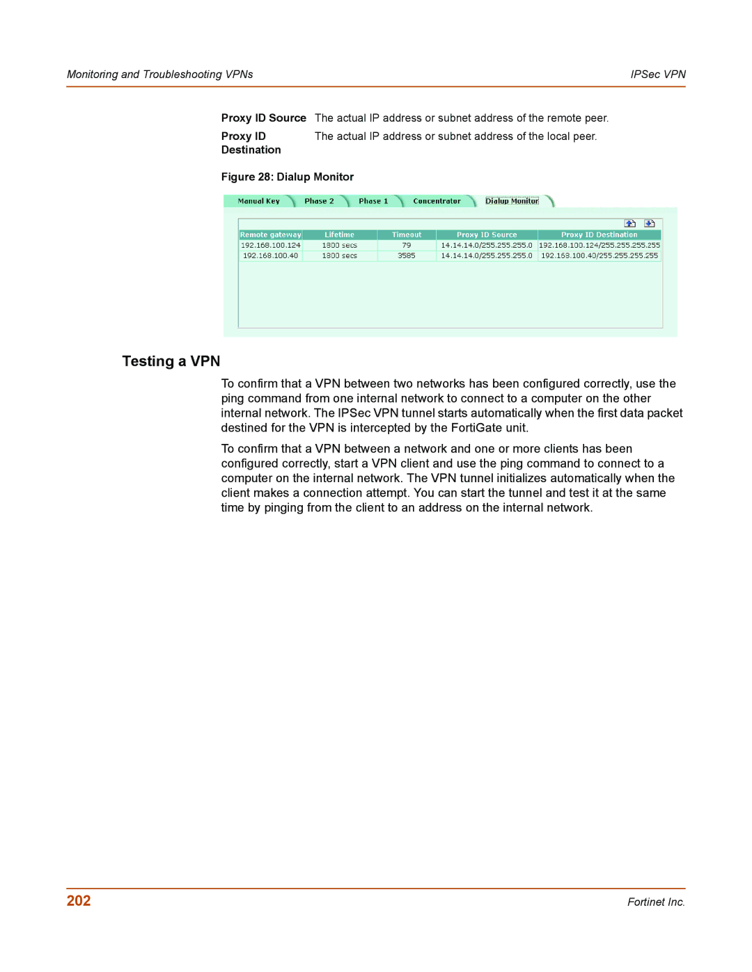 Fortinet 50A user manual Testing a VPN, 202 