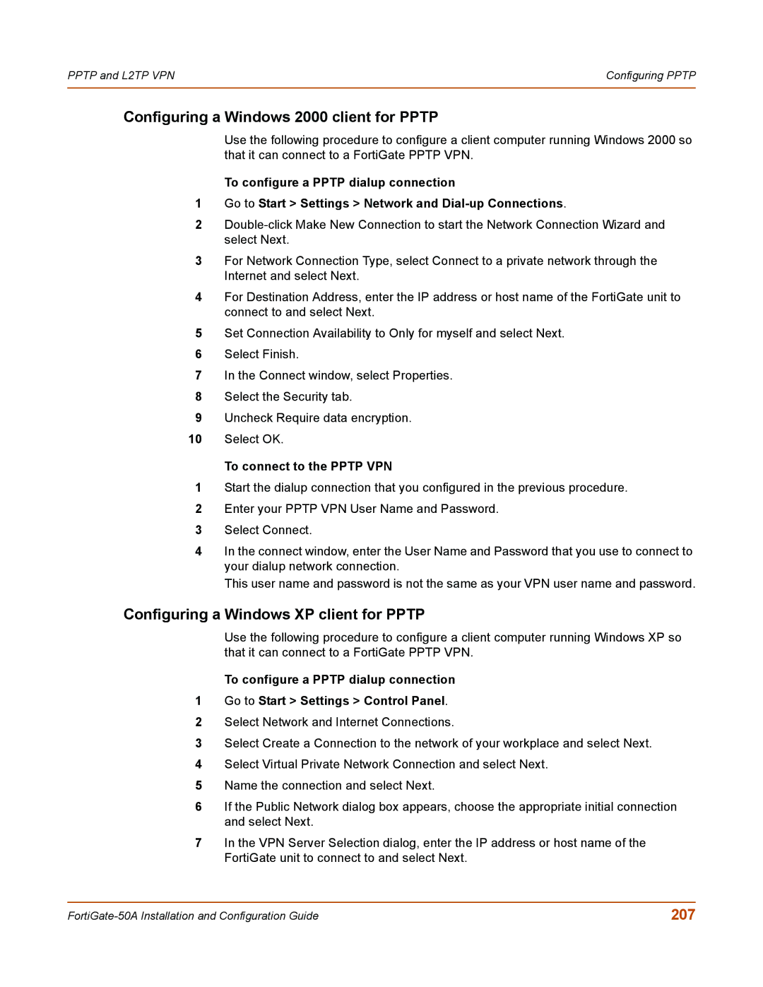 Fortinet 50A user manual Configuring a Windows 2000 client for Pptp, Configuring a Windows XP client for Pptp, 207 