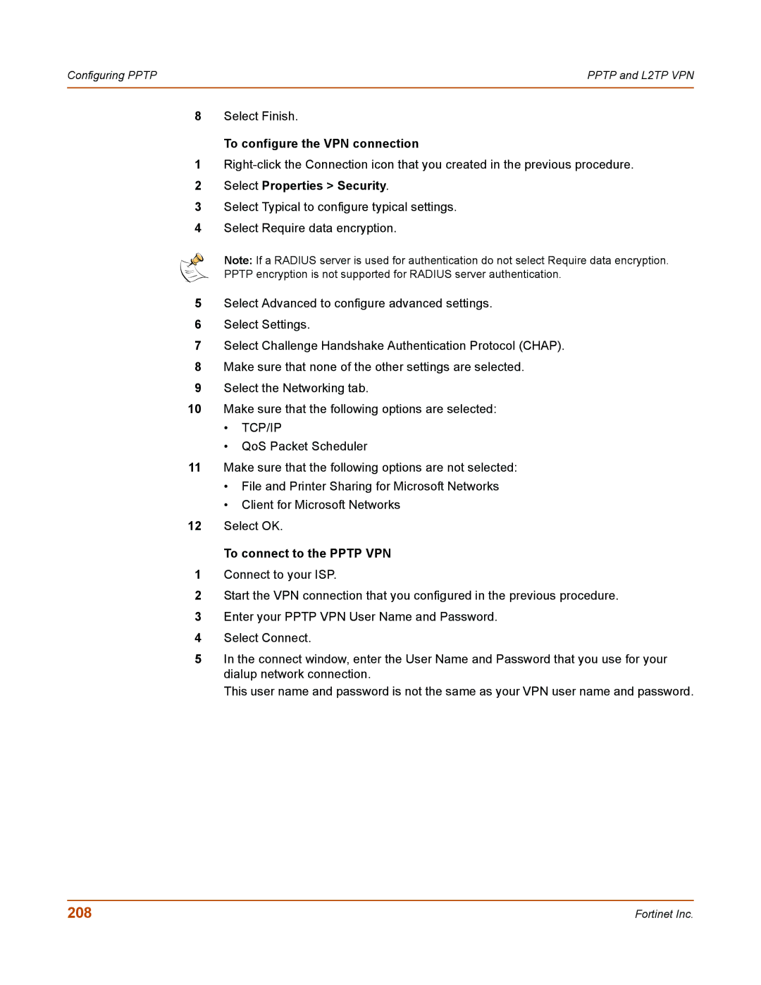 Fortinet 50A user manual 208, To configure the VPN connection, Select Properties Security 