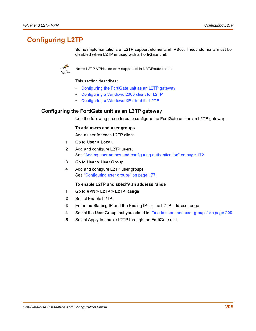 Fortinet 50A user manual Configuring L2TP, Configuring the FortiGate unit as an L2TP gateway, 209 