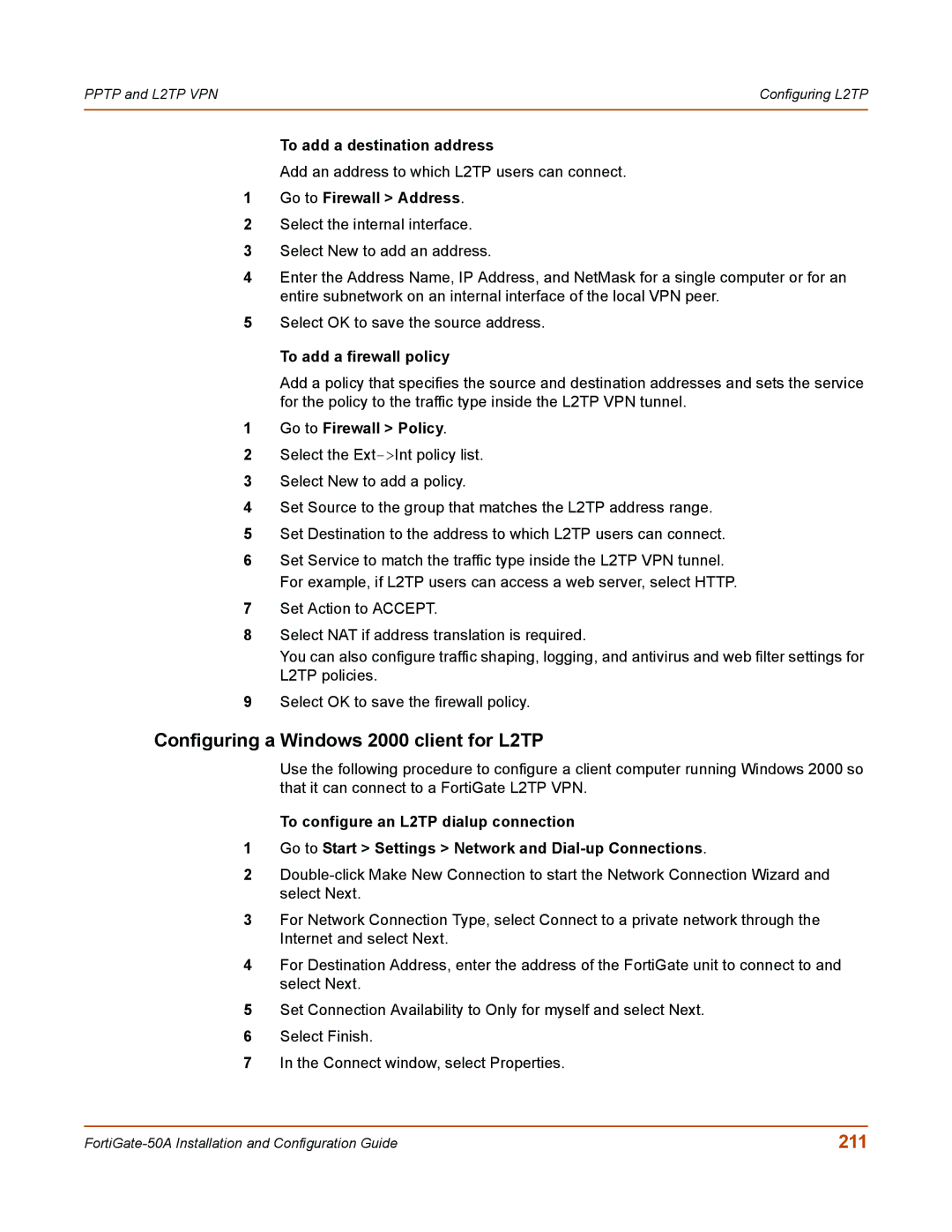 Fortinet 50A user manual Configuring a Windows 2000 client for L2TP, 211 