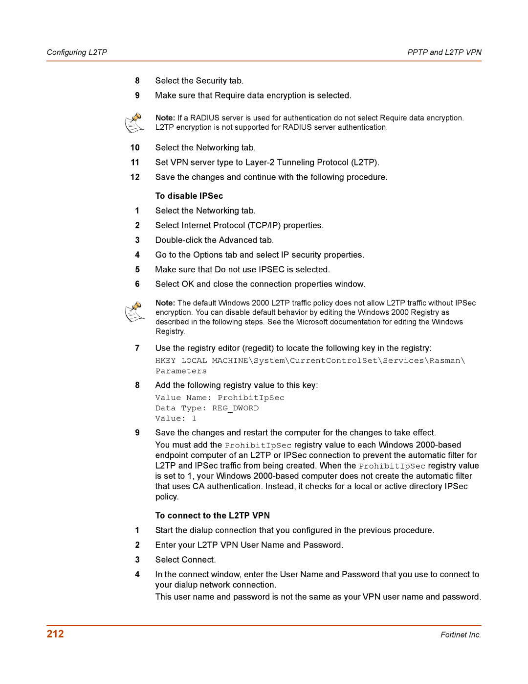 Fortinet 50A user manual 212, To disable IPSec, To connect to the L2TP VPN 