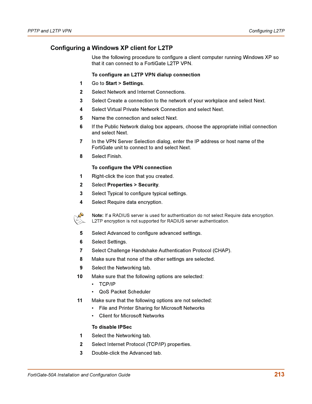 Fortinet 50A user manual Configuring a Windows XP client for L2TP, 213 