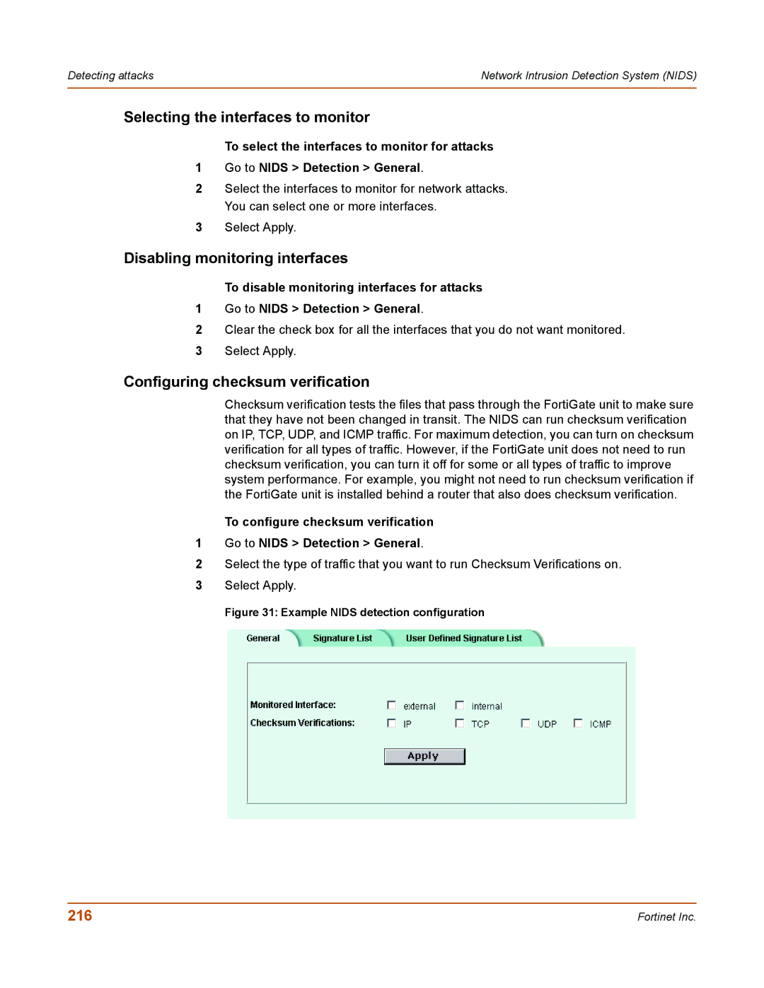 Fortinet 50A Selecting the interfaces to monitor, Disabling monitoring interfaces, Configuring checksum verification, 216 