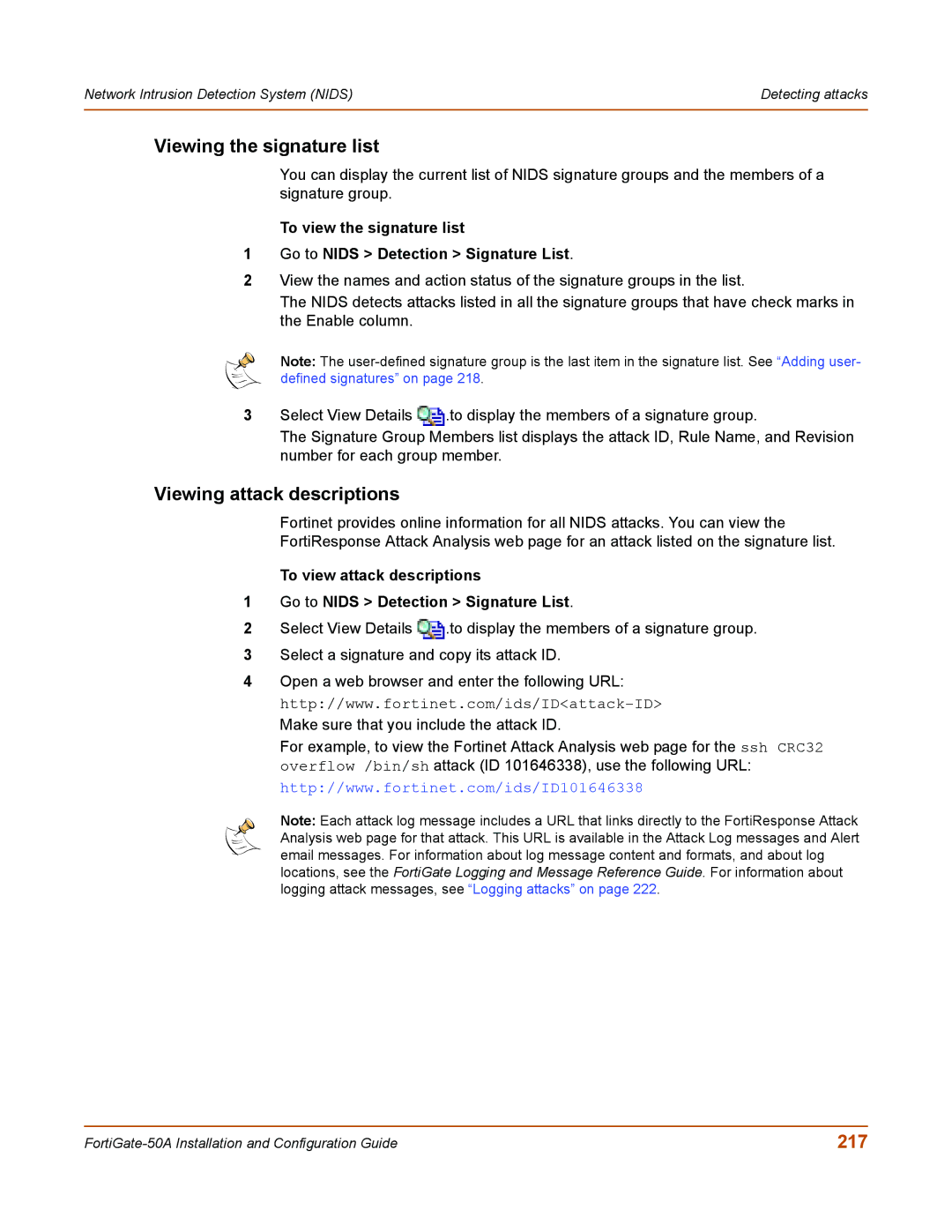 Fortinet 50A user manual Viewing the signature list, Viewing attack descriptions, 217 