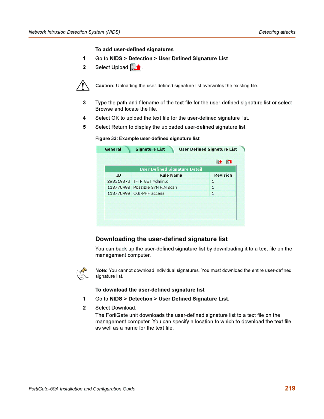 Fortinet 50A user manual Downloading the user-defined signature list, 219 