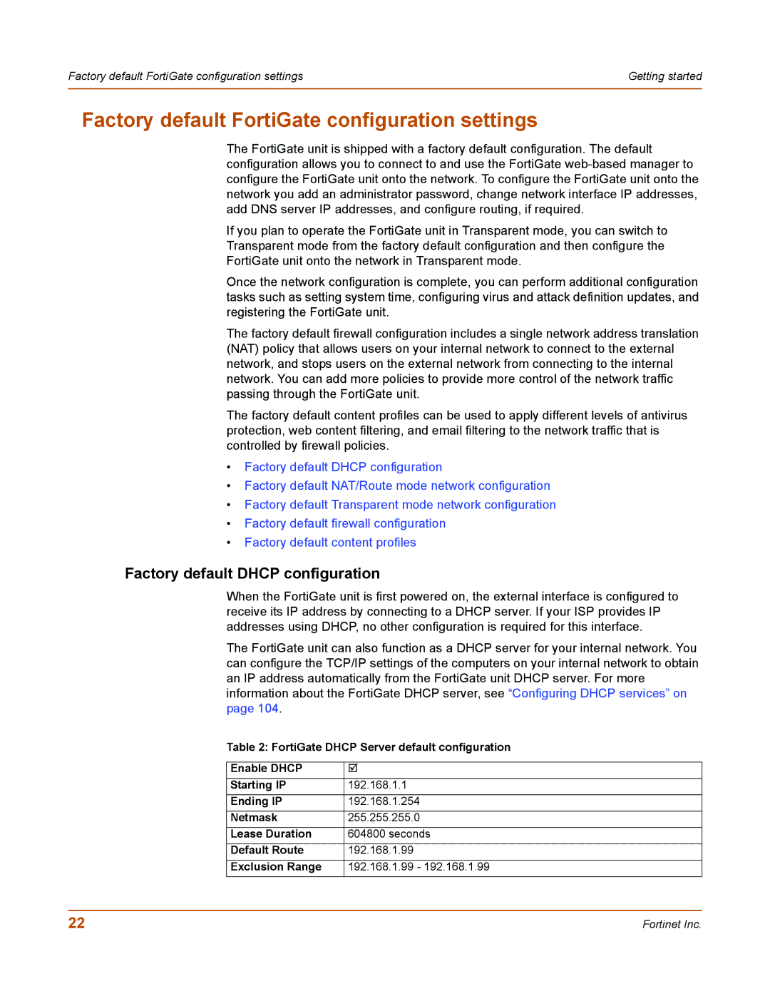 Fortinet 50A user manual Factory default FortiGate configuration settings, Factory default Dhcp configuration 