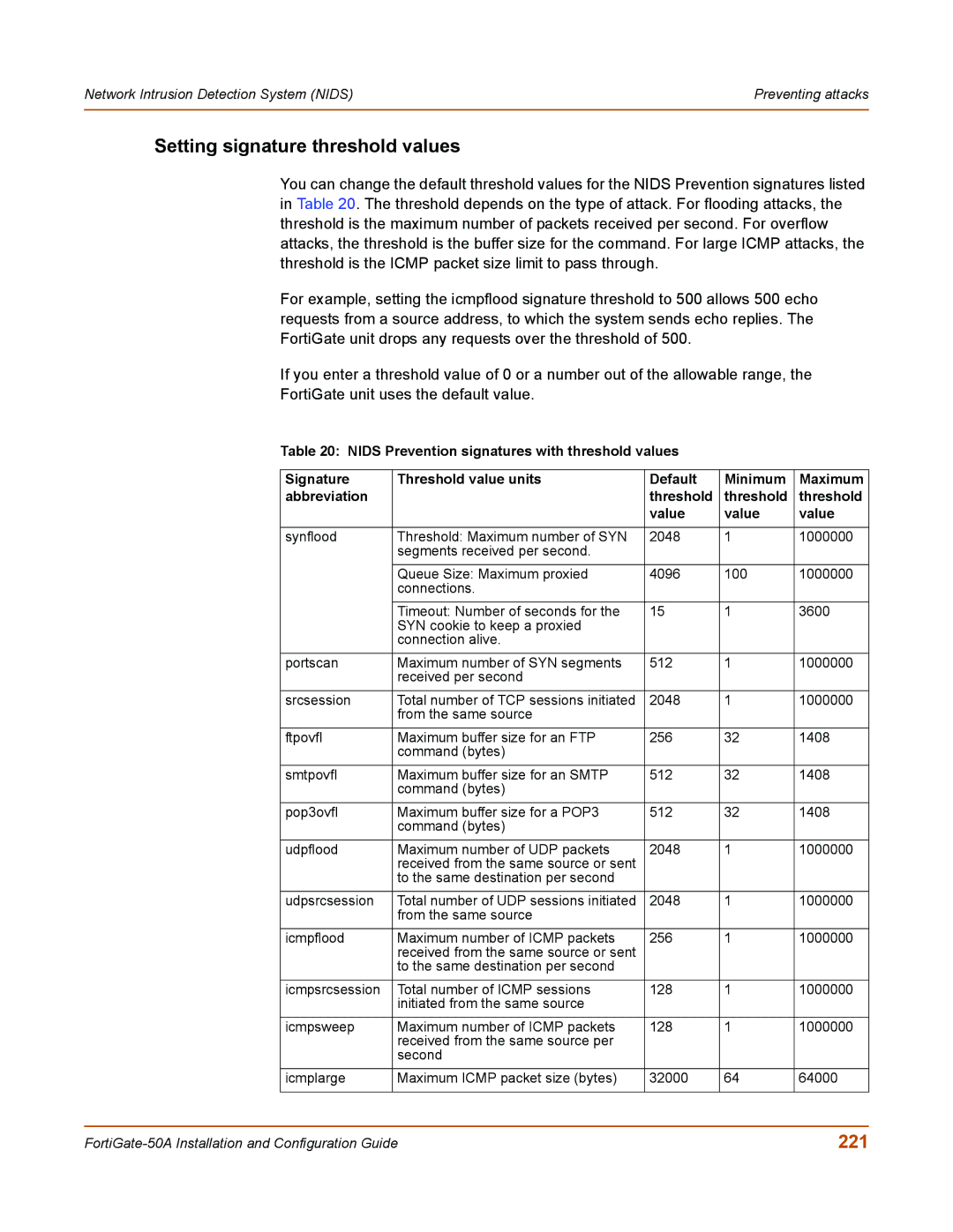 Fortinet 50A user manual Setting signature threshold values, 221 