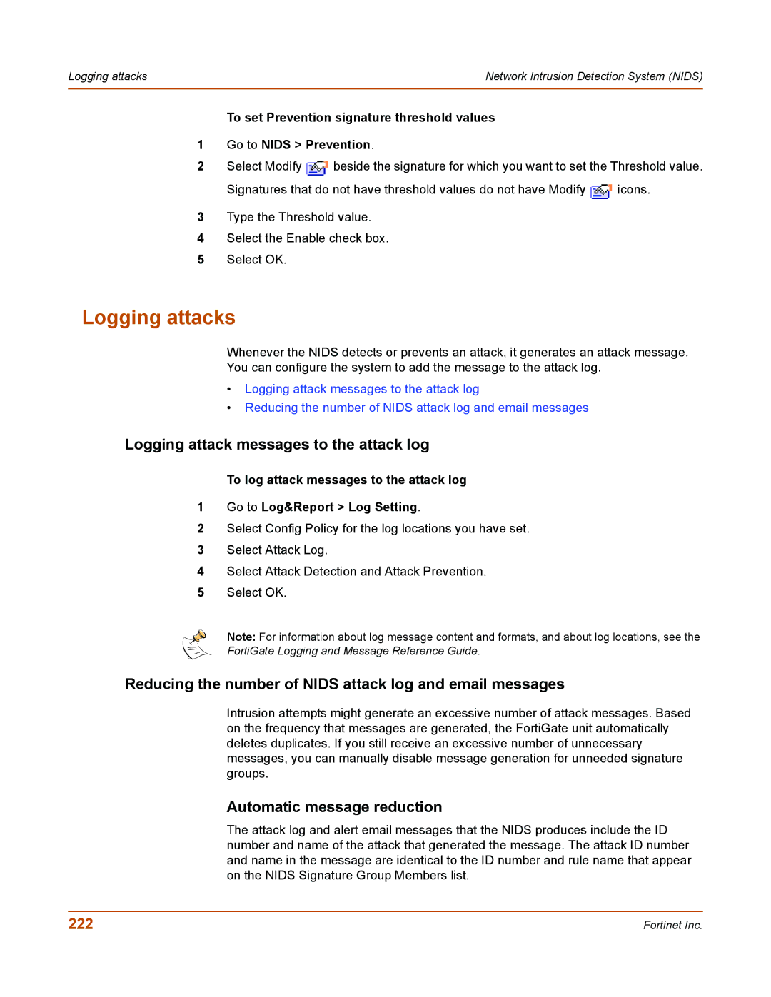 Fortinet 50A user manual Logging attacks, Logging attack messages to the attack log, Automatic message reduction, 222 