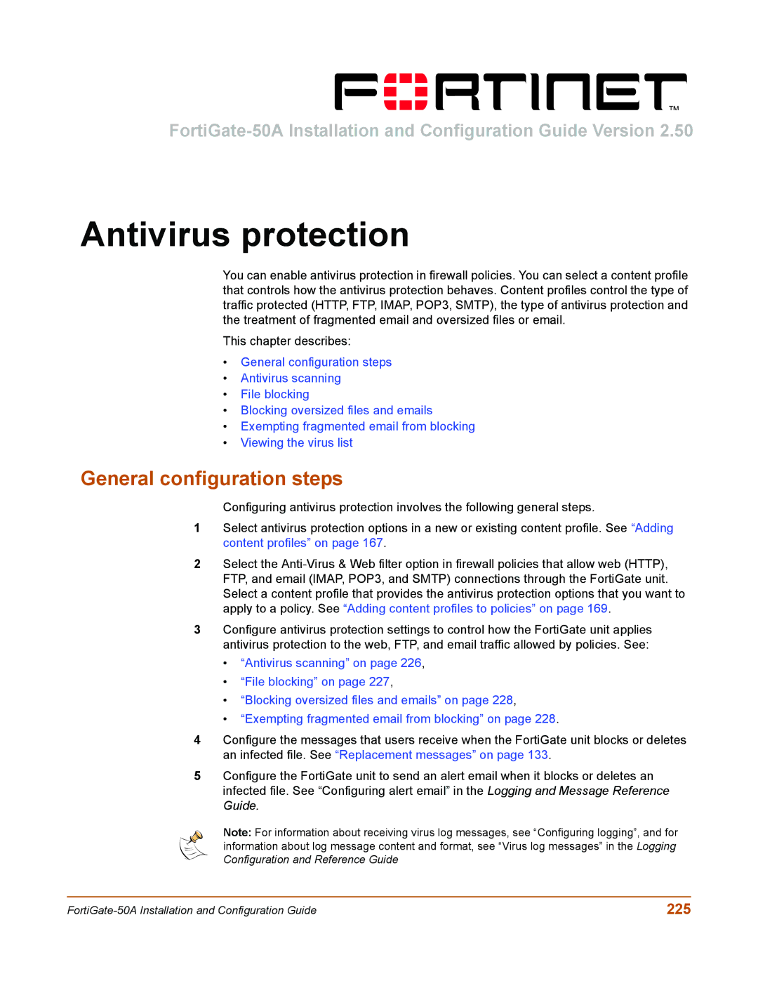 Fortinet 50A user manual Antivirus protection, General configuration steps, 225 