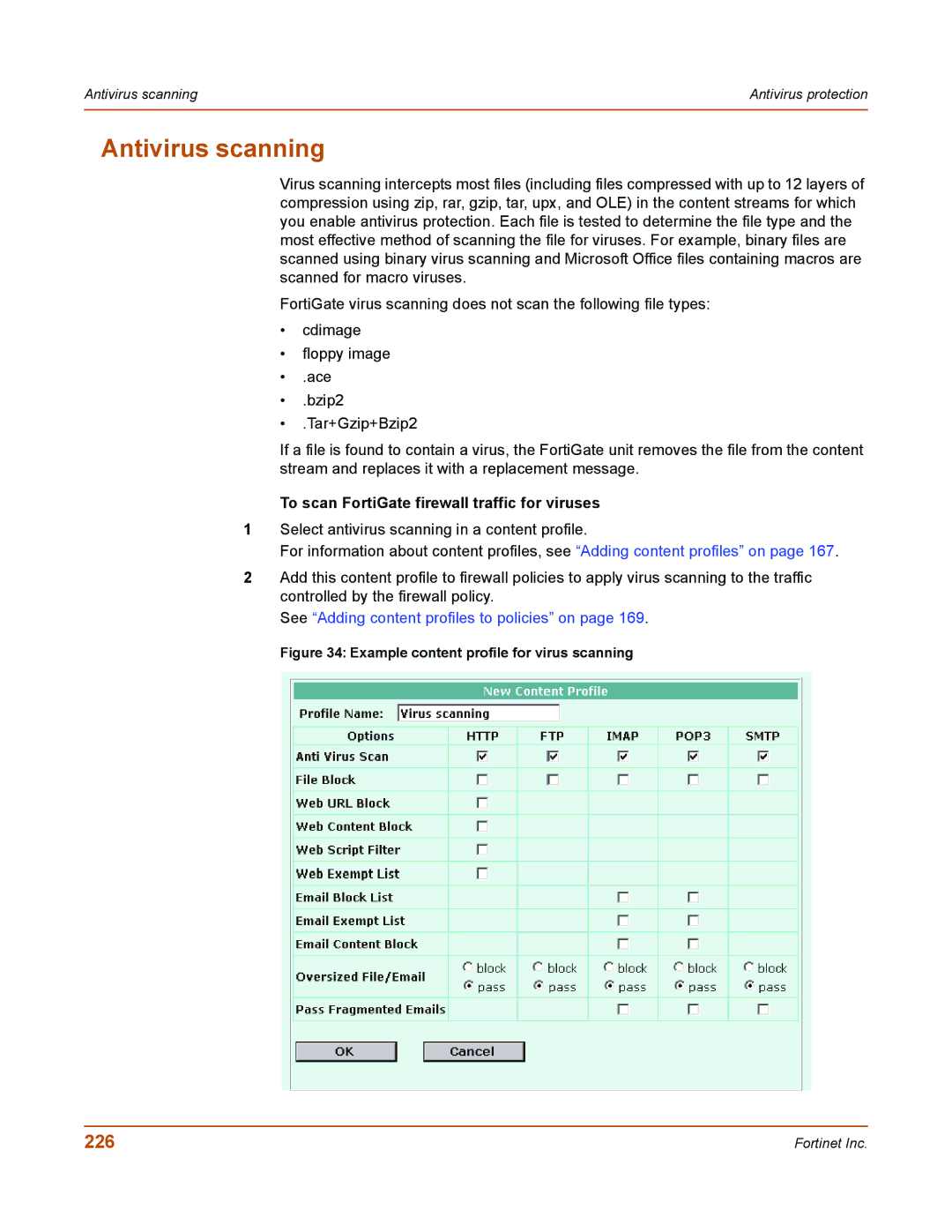 Fortinet 50A user manual Antivirus scanning, 226, To scan FortiGate firewall traffic for viruses 